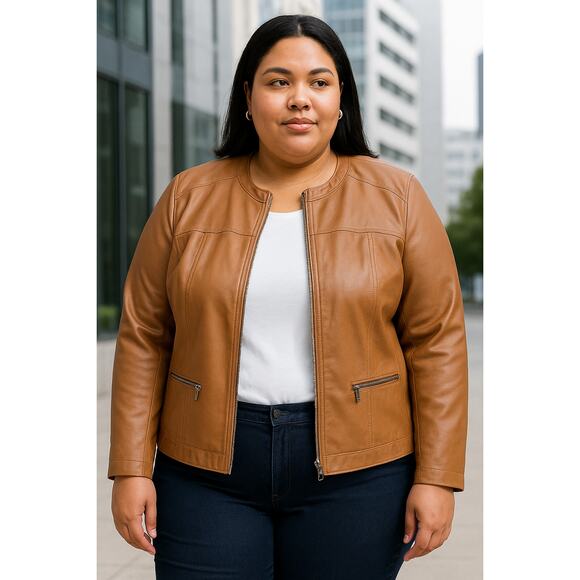 Baccini Plus Size 3X Faux Leather Jacket Tan Brown Zip Front Pockets Moto Style - Picture 1 of 13
